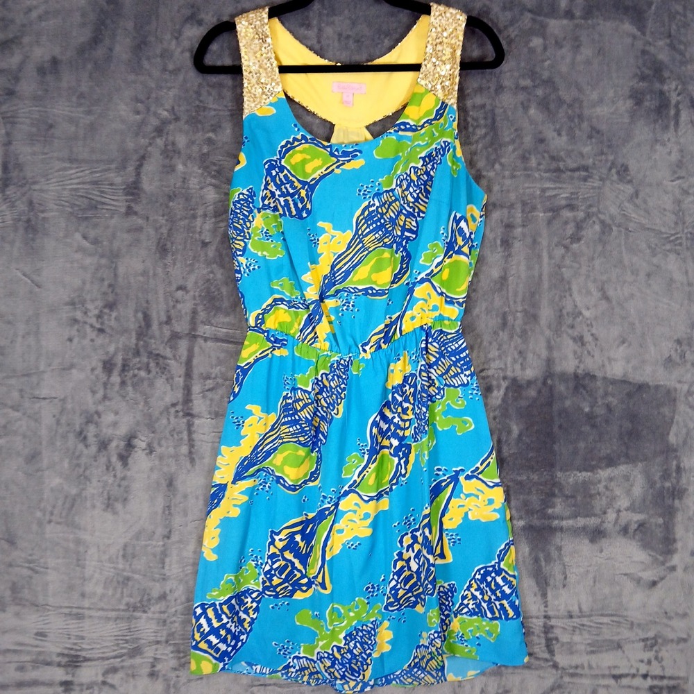 Lilly Pulitzer Dress Womens M Blue Shell Sequin Strap Fit & Flare Sundress